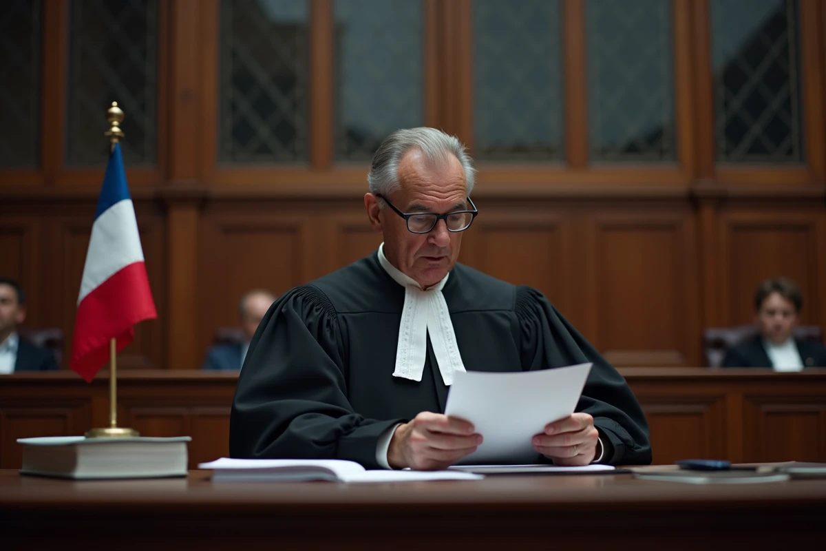 Juge aux affaires familiales examinant un dossier de protection de l'enfance dans une salle d'audience française, contexte de l'article 375 du Code civil