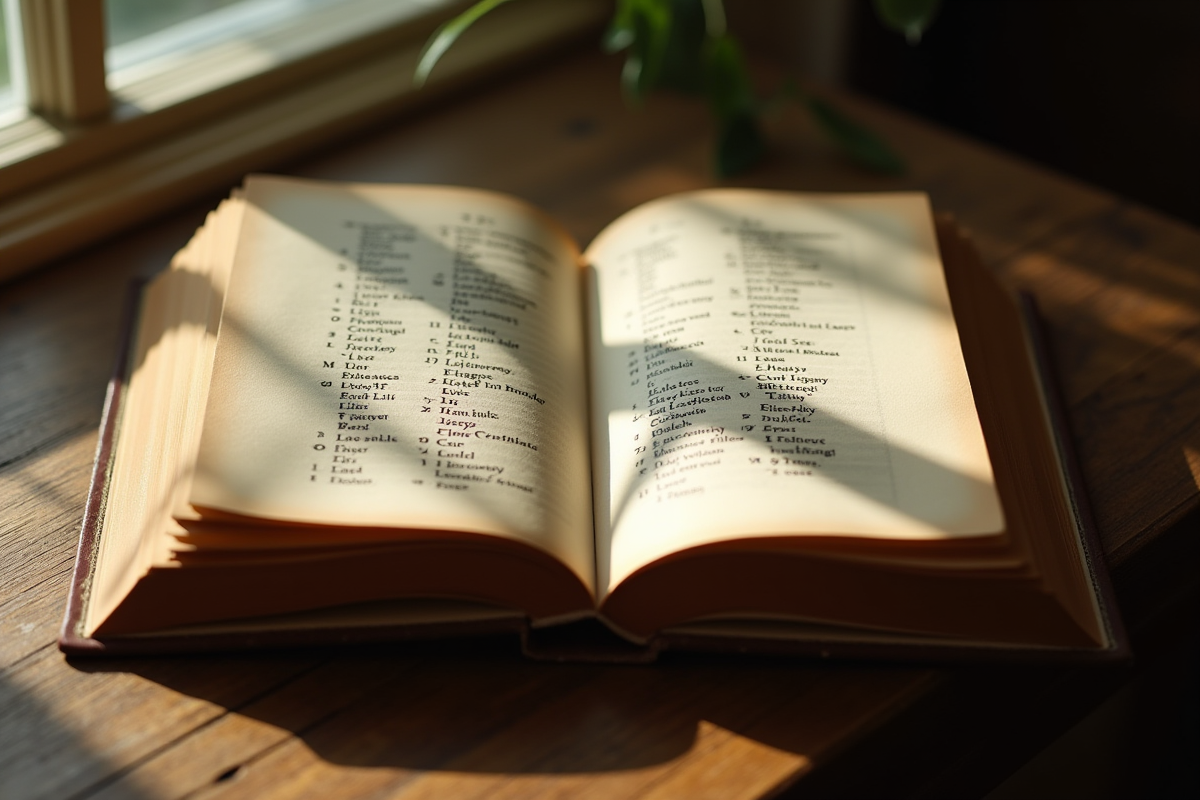Livre ancien ouvert avec noms en I en calligraphie sur une table en bois