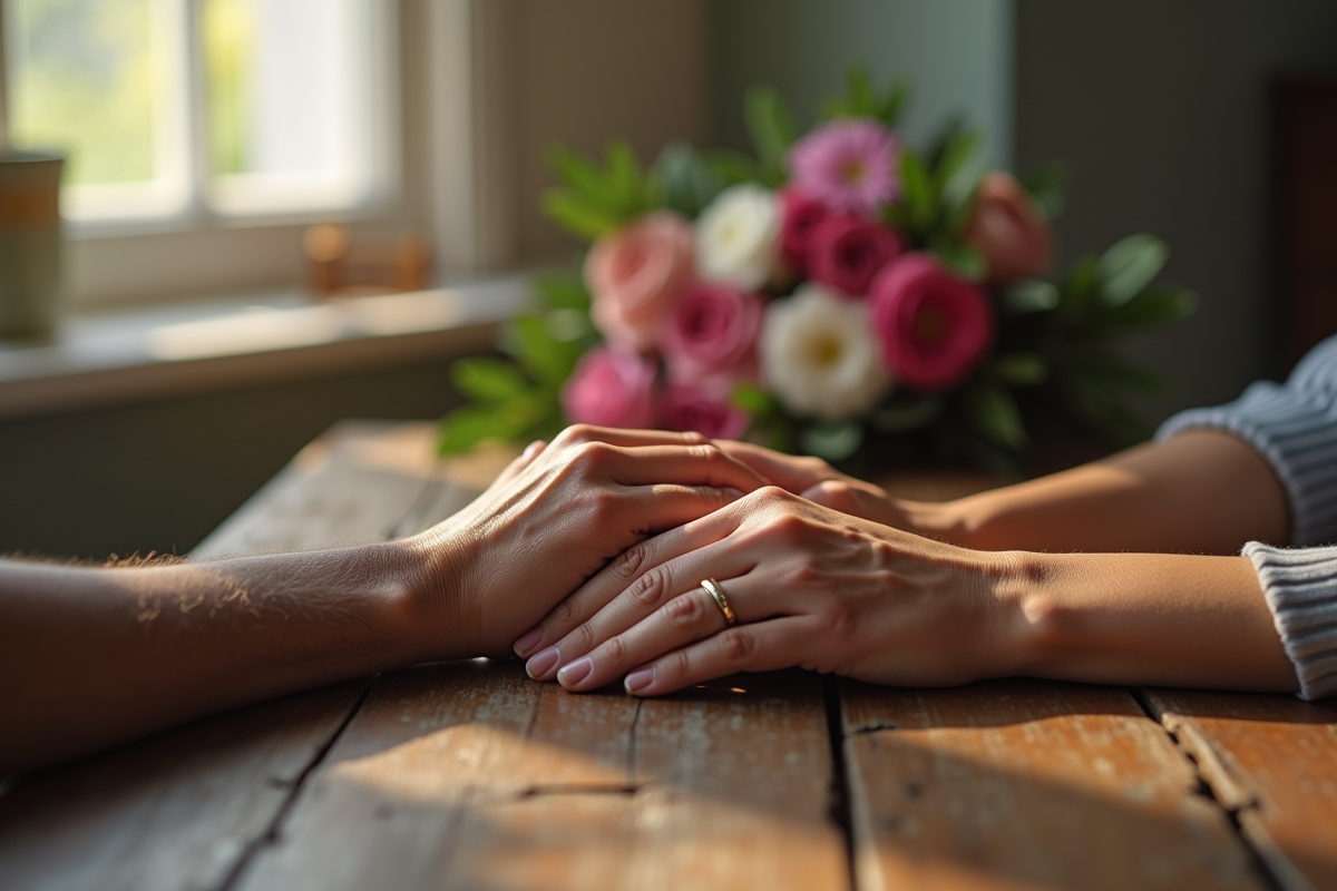 Mains ridées entrelacees avec bagues et fleurs en fond