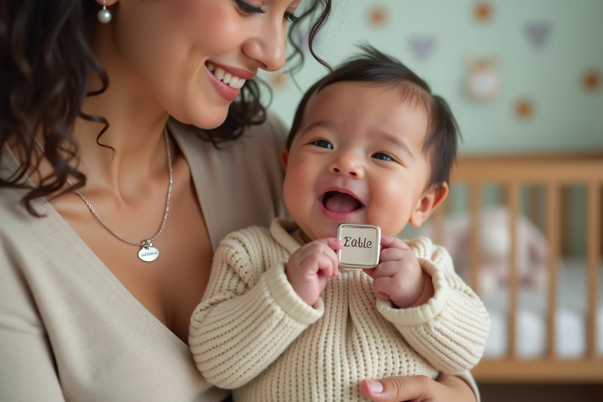 Maman et bébé avec bola personnalisé dans la nurserie