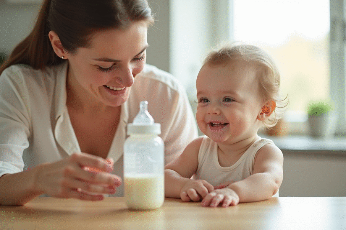 Jeune maman mesurant du lait dans une bouteille près de son bébé souriant
