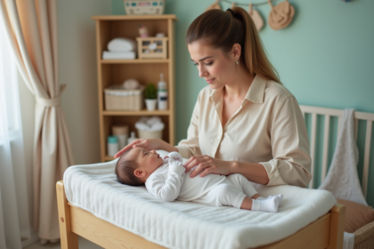 Maman douce nettoyant son bébé nouveau né dans la nurserie