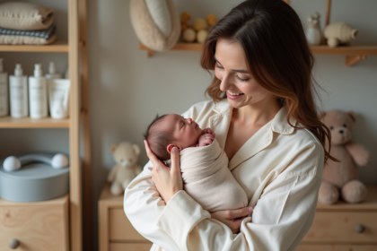 Jeune maman tenant son bébé dans un nursery chaleureux