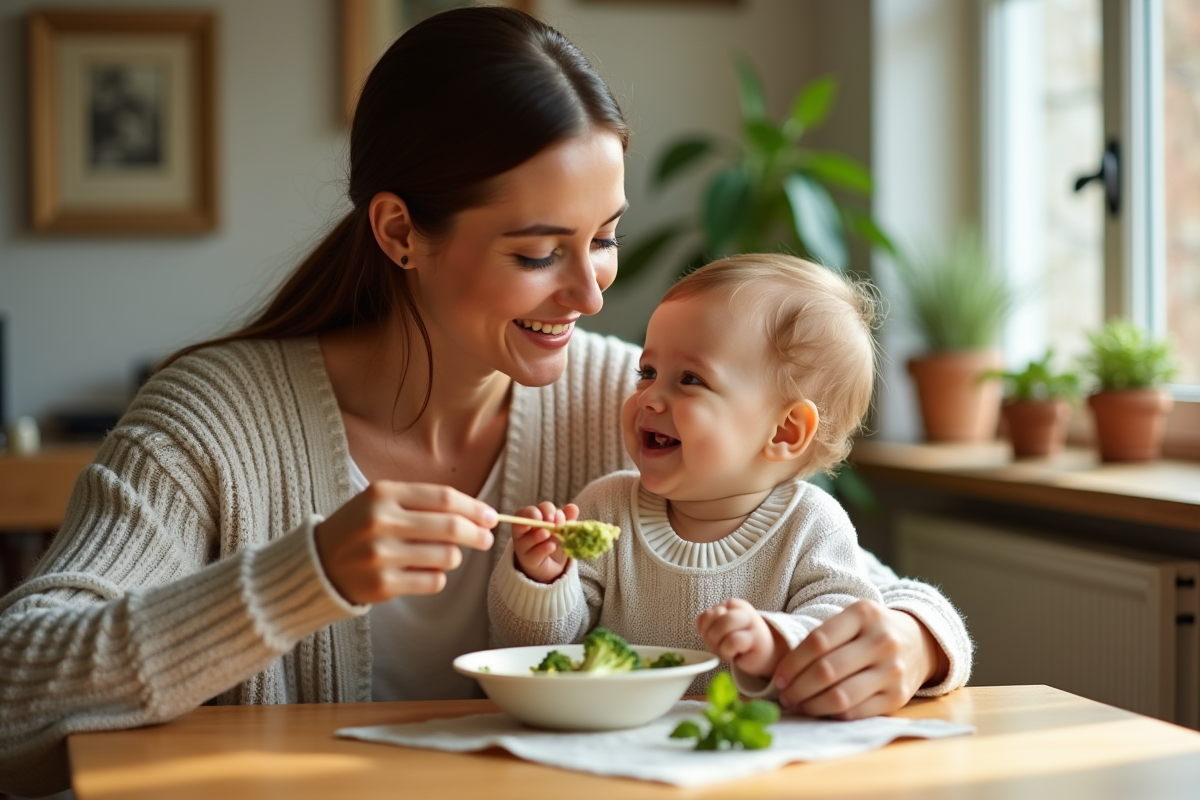 Maman donnant du brocoli à sa fille dans une salle à manger lumineuse