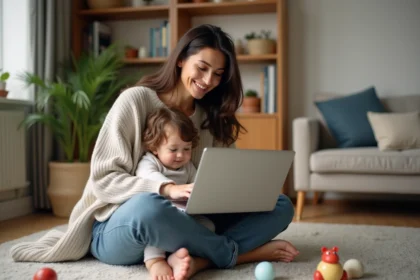 Femme souriante avec son enfant dans un salon chaleureux