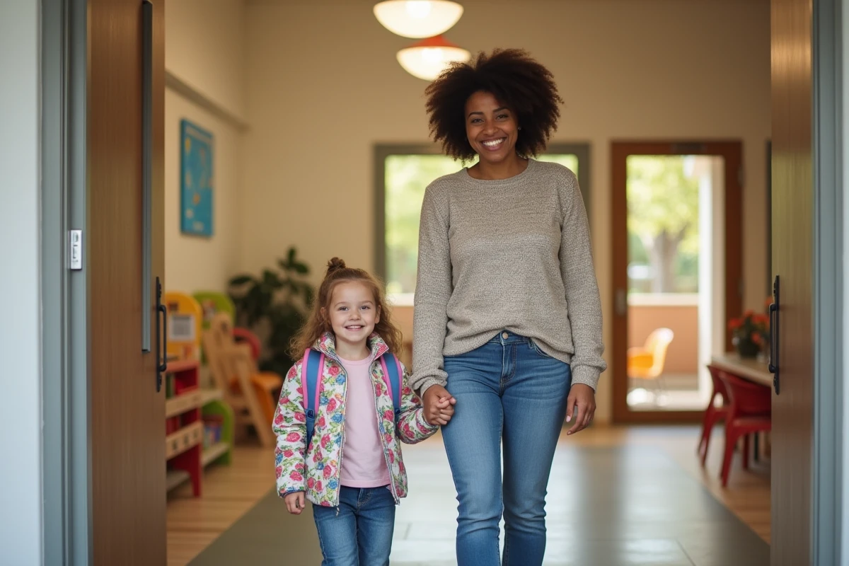 Maman et sa fille dans l'entrée de la crèche accueillante