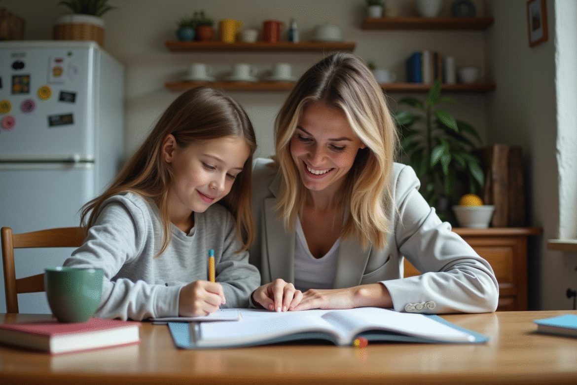 Femme et fille faisant leurs devoirs à la maison