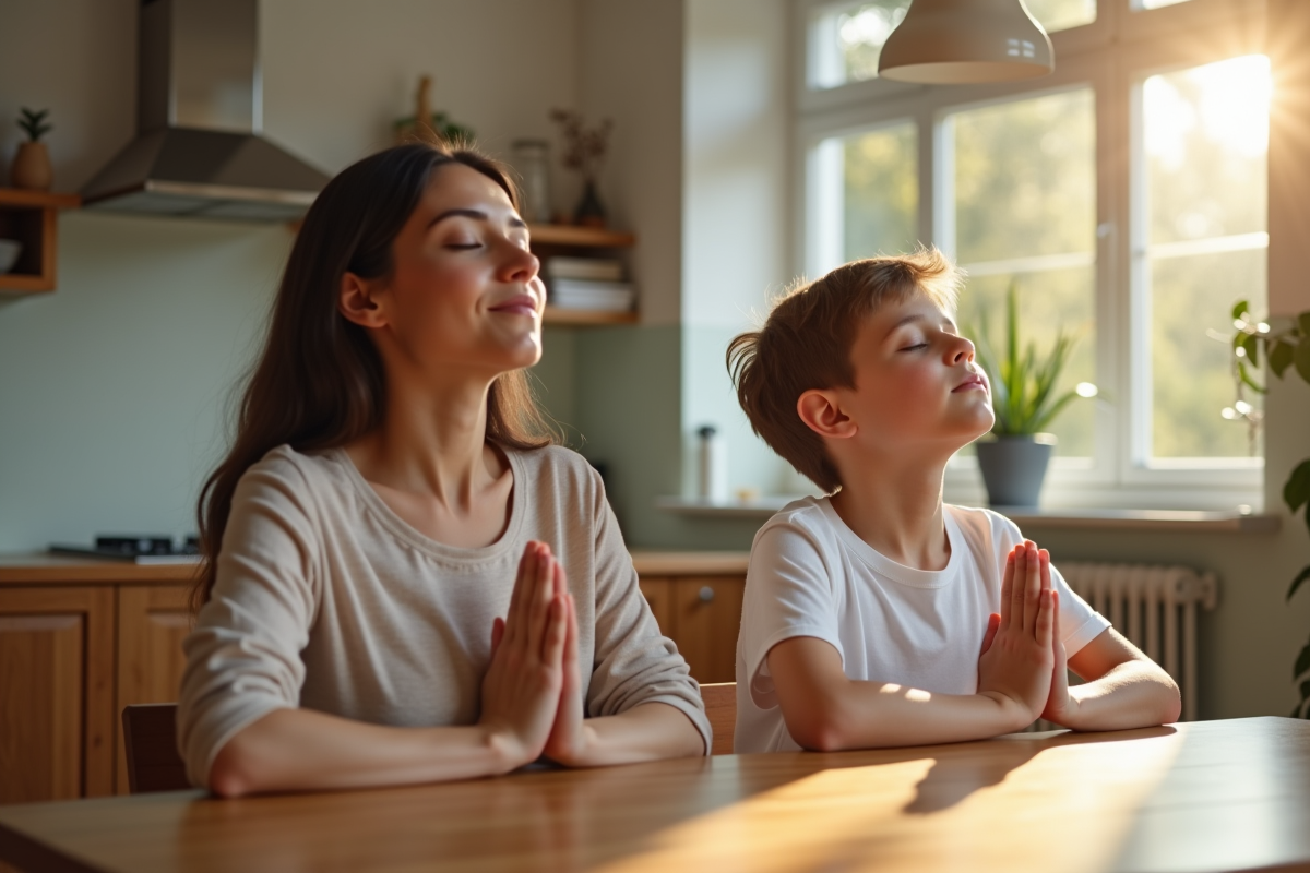 Mère et fils pratiquant une respiration calme à la maison
