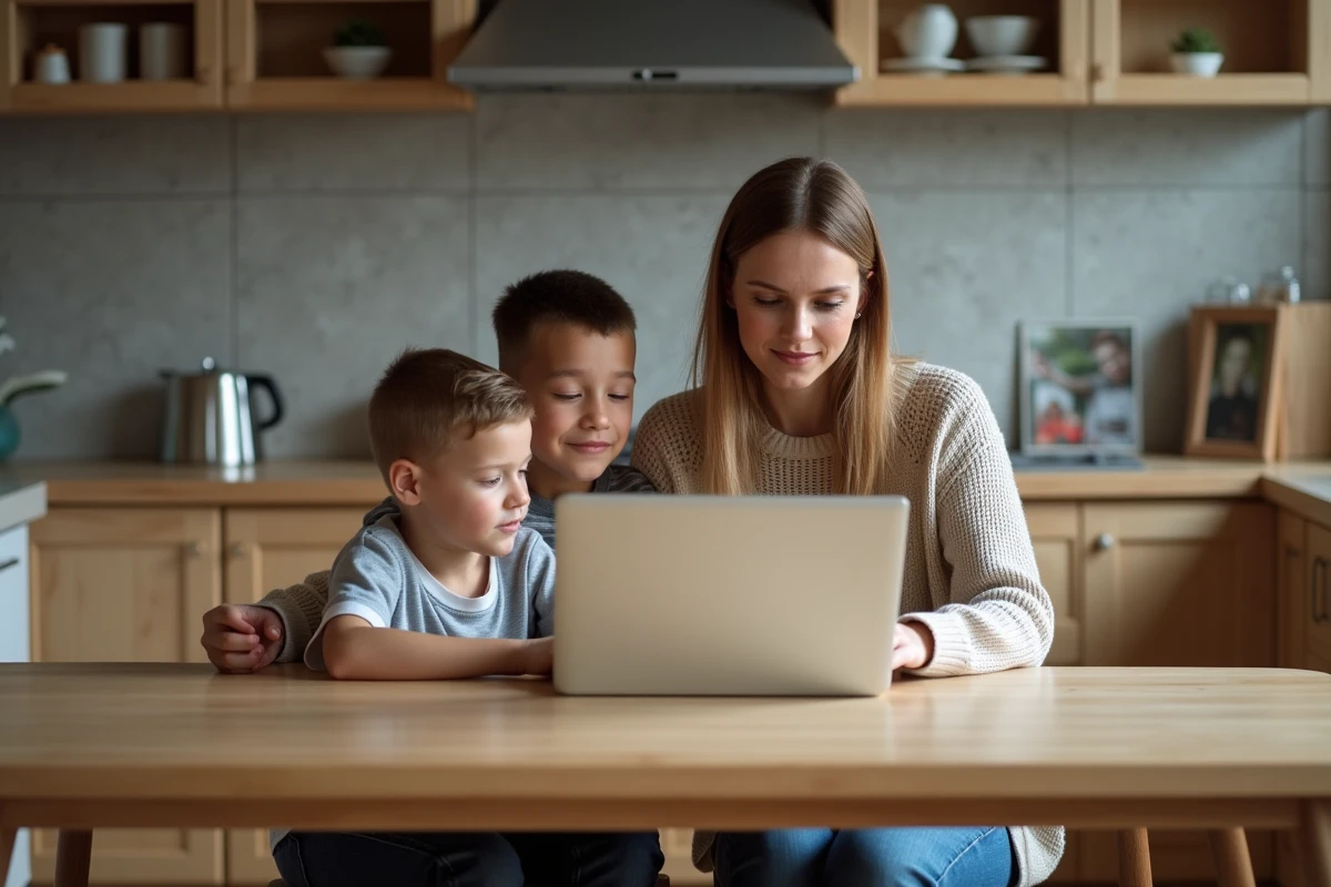 Maman avec ses enfants autour d'un ordinateur dans la cuisine