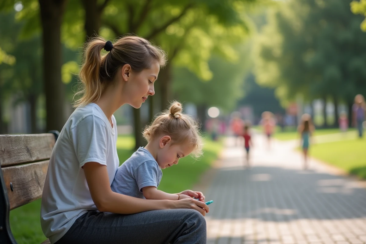 Jeune mère assise sur un banc dans un parc avec son enfant dessinant au sol