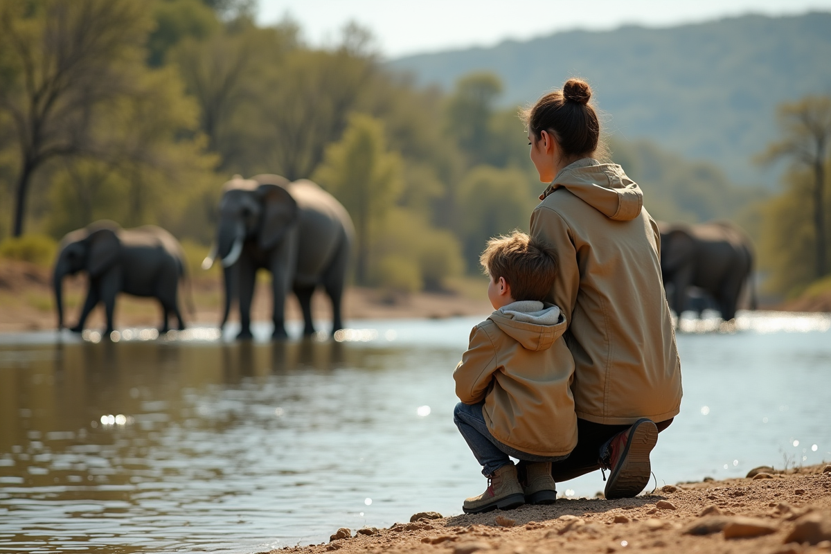 Mère et enfant observant des éléphants dans la nature