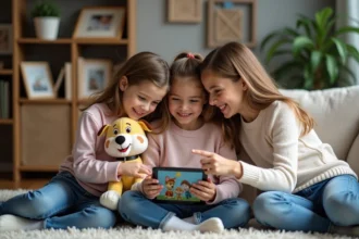 Mère souriante avec ses enfants regardant une tablette