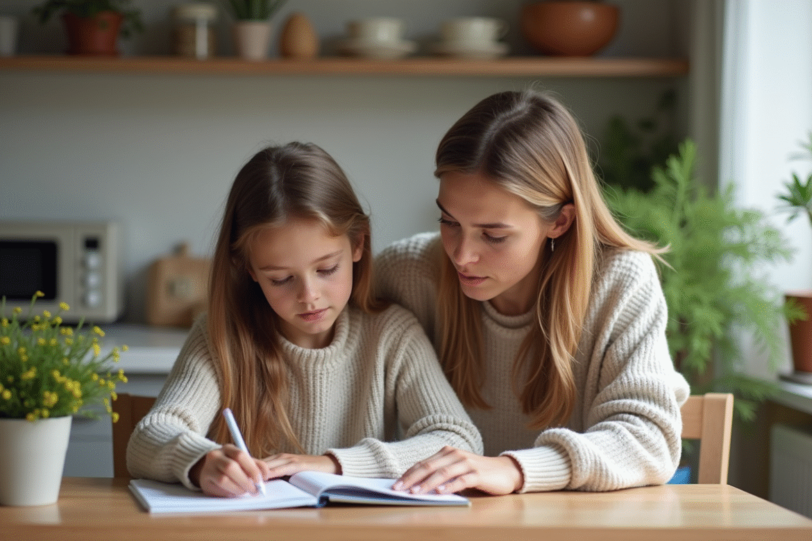 Mère et fille assises à la table de cuisine lumineuse