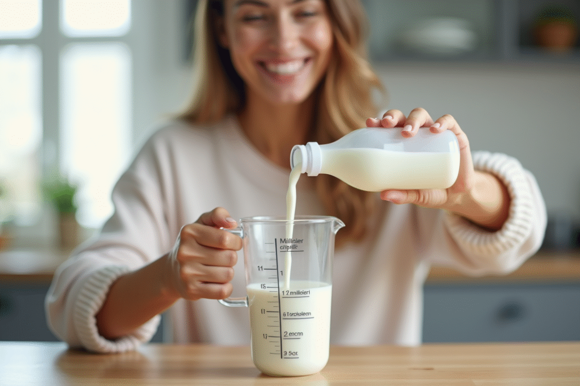 Maman verse du lait dans un verre doseur avec biberon