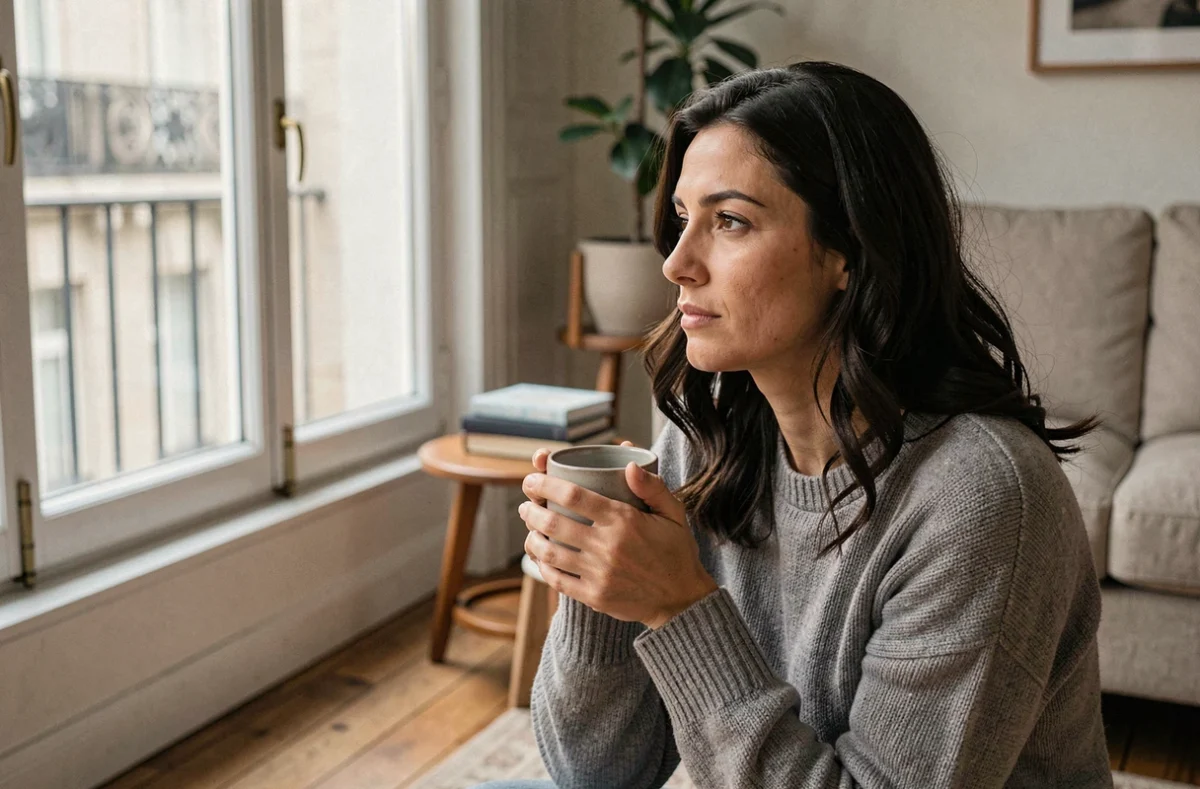 Femme pensive assise près d'une fenêtre dans un appartement parisien, évoquant l'intimité et la vie privée d'une personnalité médiatique