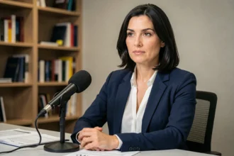 Journaliste professionnelle aux cheveux bruns à un bureau de presse, incarnant la vie privée discrète d'une personnalité médiatique