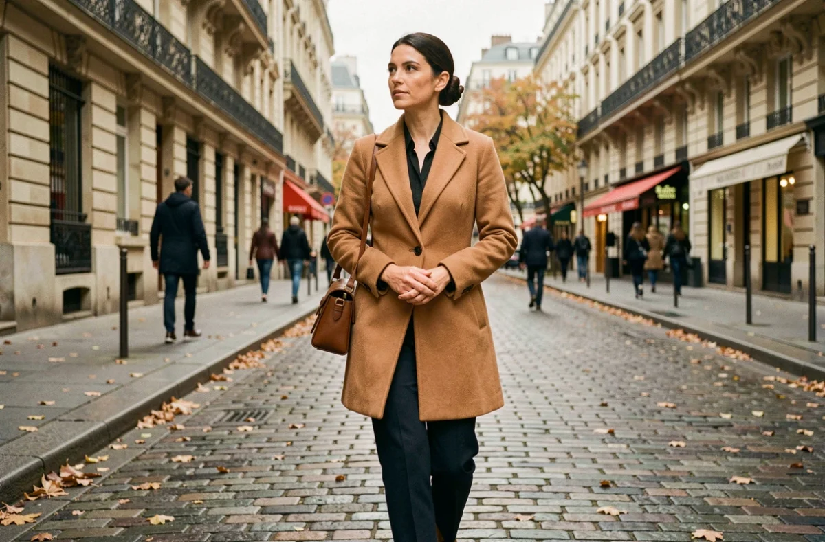 Femme élégante marchant dans une rue parisienne en automne, illustrant la discrétion de la vie privée d'une personnalité publique française