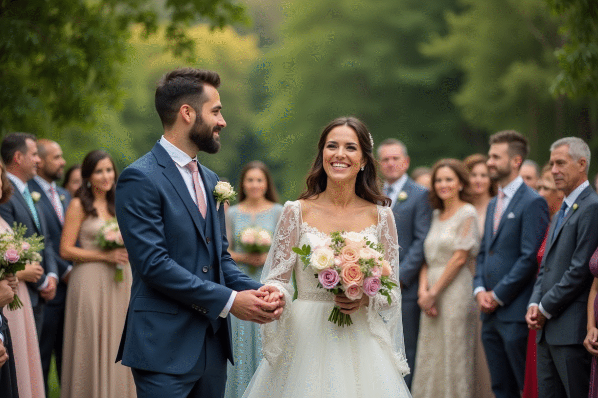 Cérémonie de mariage multiculturelle en extérieur avec famille