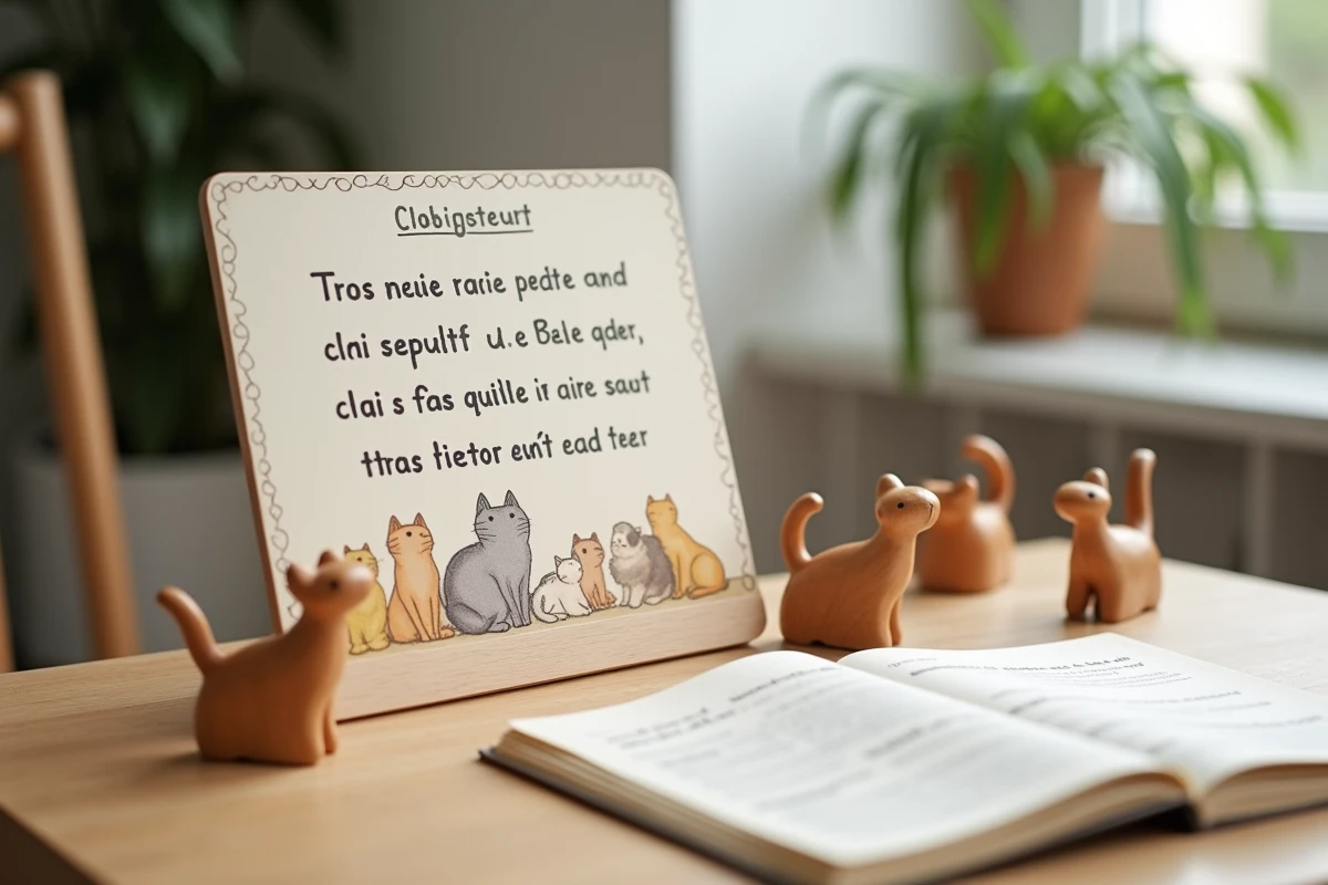 Matériel Montessori fait main pour adapter la comptine Trois Petits Chats avec figurines en bois