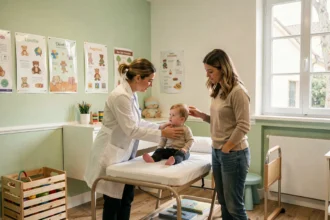 Pédiatre consultant un jeune enfant dans un cabinet médical du Gard, ambiance chaleureuse et professionnelle