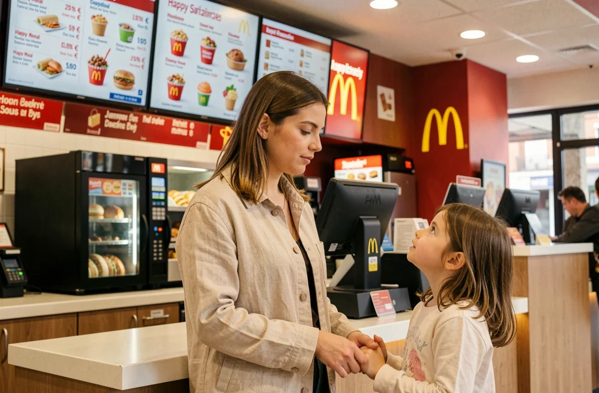 Mère et fille consultant le menu Happy Meal affiché dans un McDonald's français pour choisir un menu enfant