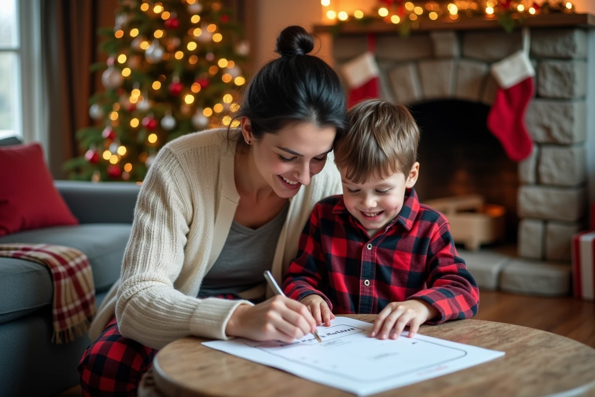Mère et enfant remplissant ensemble un modèle de lettre au Père Noël imprimé dans le salon décoré