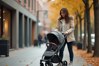 Jeune mère poussant une poussette évolutive 4 en 1 sur un trottoir urbain en automne