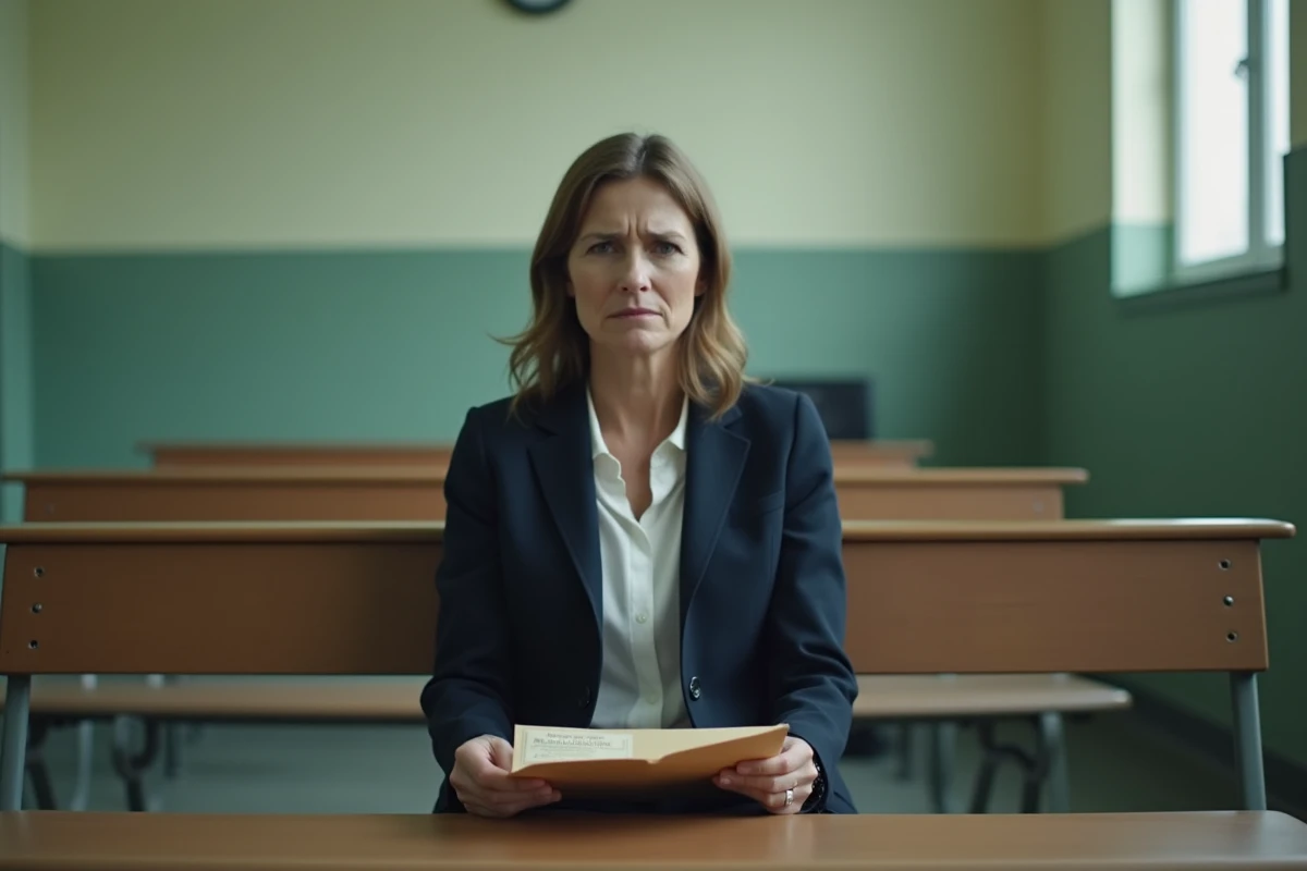 Mère attendant dans une salle d'audience avec des documents juridiques relatifs à une visite médiatisée refusée