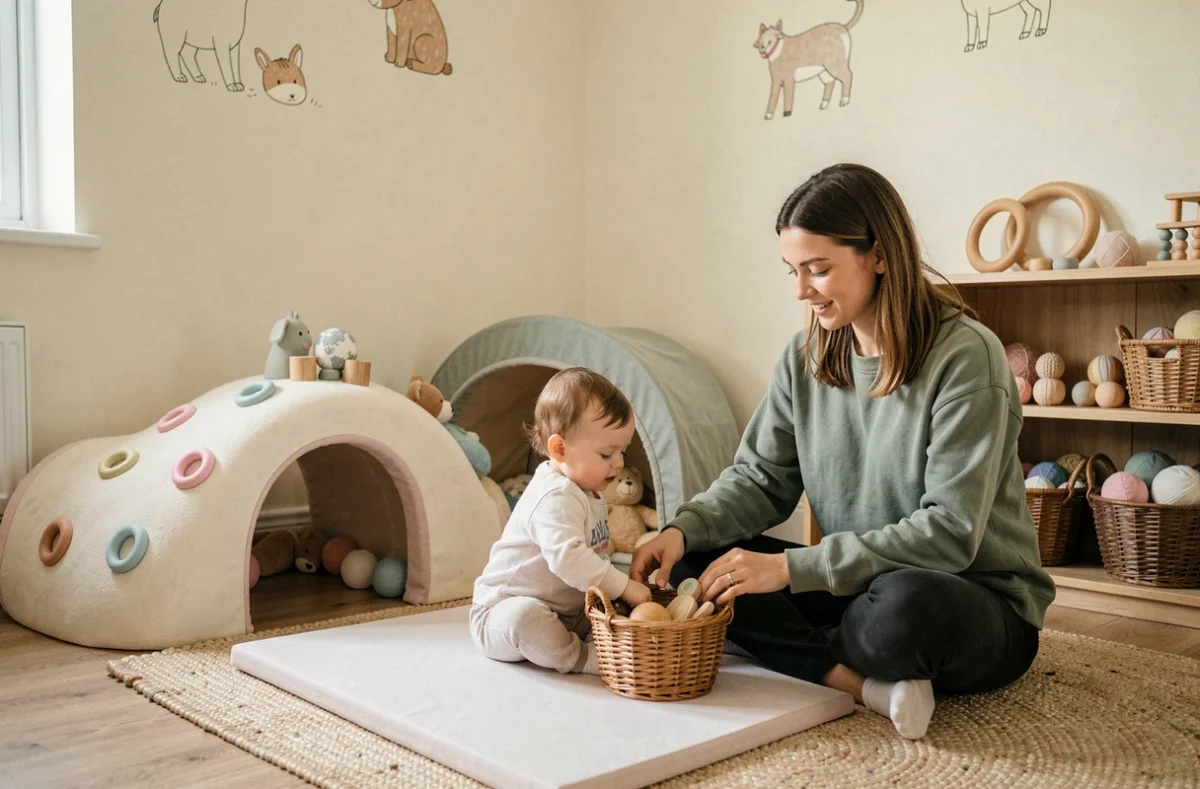 Coin câlins et découvertes de la micro-crèche Câlins et Découvertes à Saran avec une éducatrice et un nourrisson