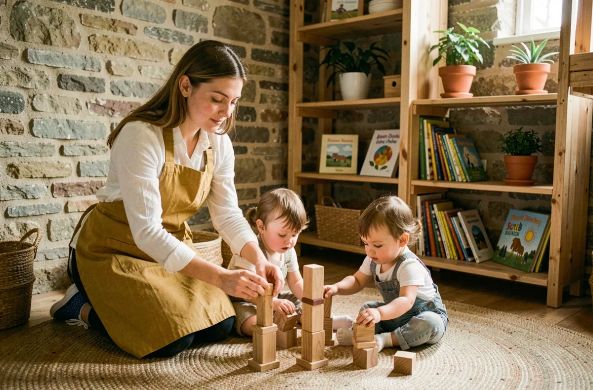 Éducatrice de la micro-crèche Graines de Malice à Orléans jouant avec deux tout-petits sur un tapis en laine naturelle