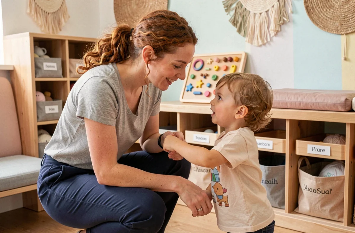 Éducatrice de la micro-crèche Les Petits Chaperons à Fleury-les-Aubrais interagissant avec un enfant devant un tableau sensoriel