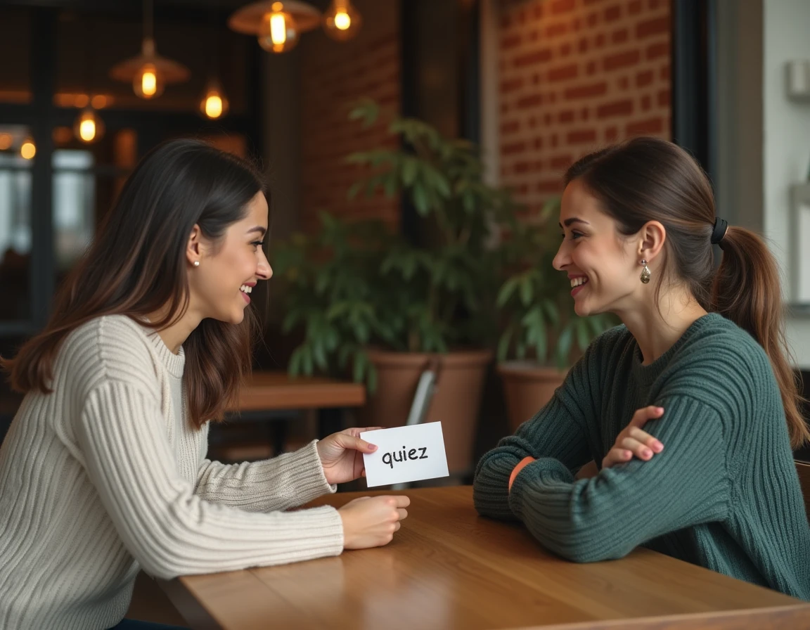 Deux femmes adultes jouant à deviner des mimes originaux autour d'une table en bois dans un café