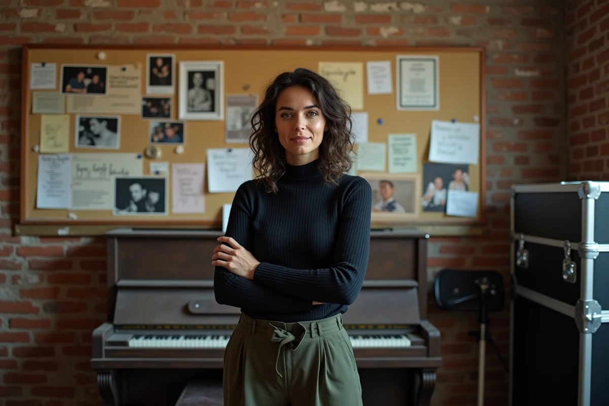 Femme musicienne engagée debout dans un studio de répétition, symbolisant liberté artistique et indépendance féminine