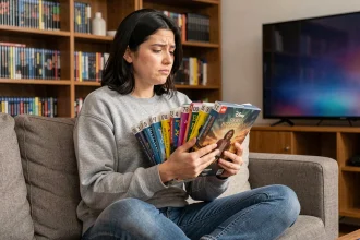 Femme tenant une collection de films Disney en boîtiers Blu-ray, réfléchissant à l'ordre de visionnage officiel versus l'ordre de sortie en France