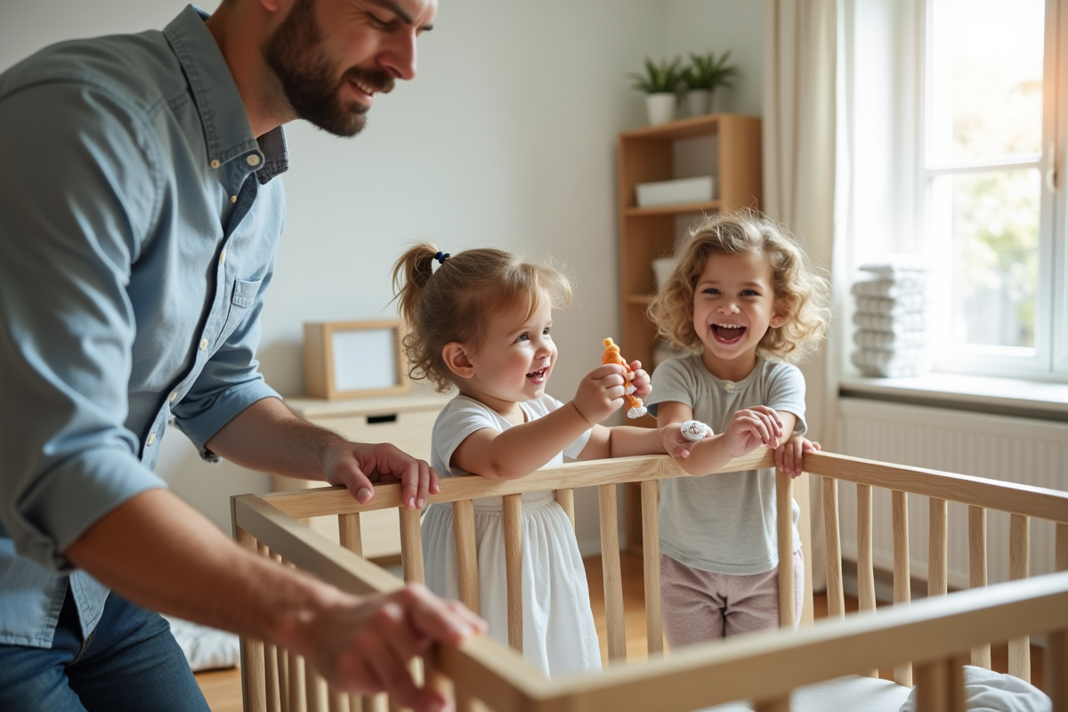 Pere et fille assemblant un lit de bebe dans une pièce lumineuse