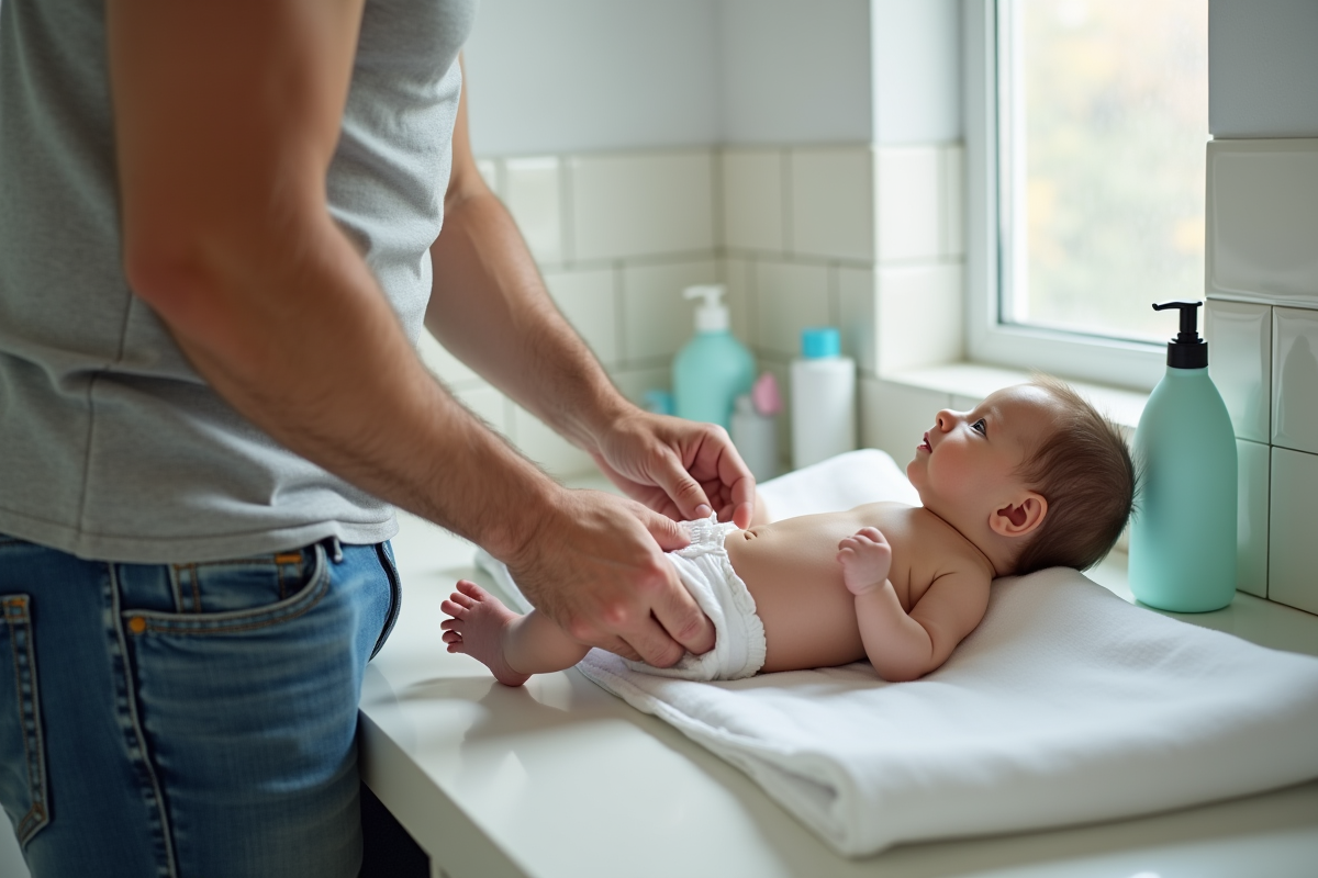 Papa changeant sa fille nouveau née dans la salle de bain