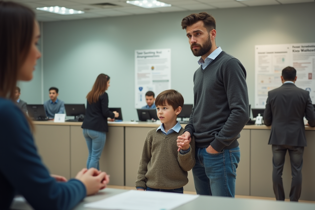 Père et jeune garçon dans un bureau administratif