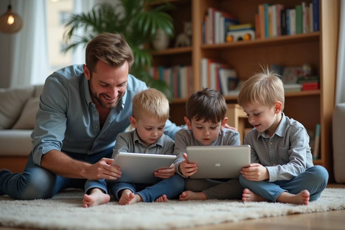 Papa avec ses enfants utilisant des tablettes dans le salon