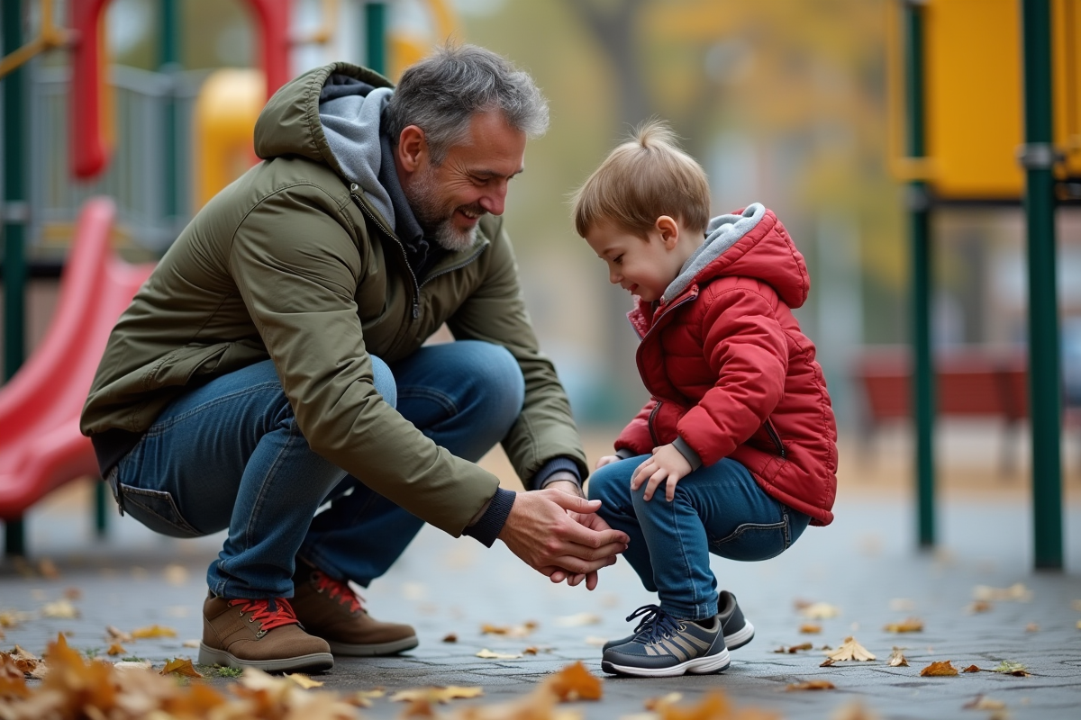 Père aidant son fils à lacer ses chaussures dans un parc