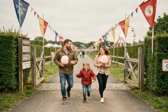 Une famille avec deux enfants souriants entre dans un parc de loisirs coloré du Calvados, avec des attractions visibles en arrière-plan