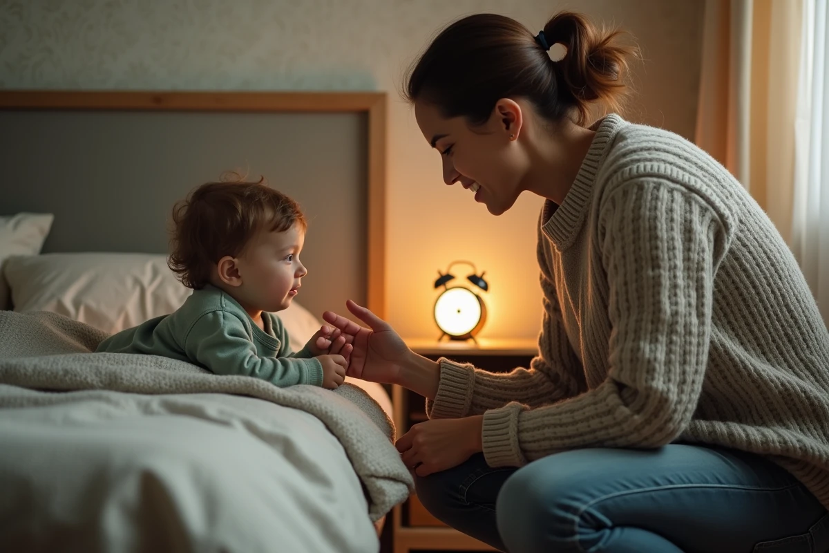 Parent apprenant l'heure à un enfant avec un réveil analogique veilleuse au bord du lit