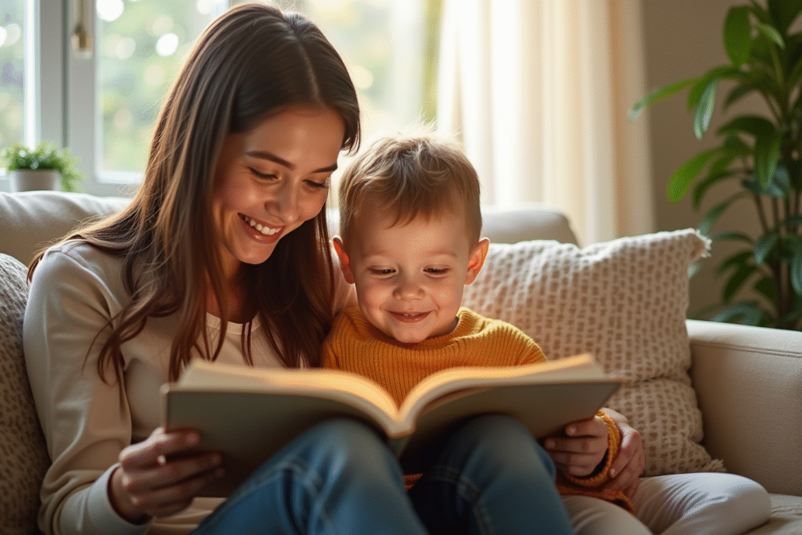 Parent et enfant lisant un livre dans un salon chaleureux