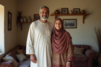 Parents d'origine nord-africaine posant avec fierté dans un intérieur traditionnel algérien, illustrant les racines familiales de Mourad Battikh