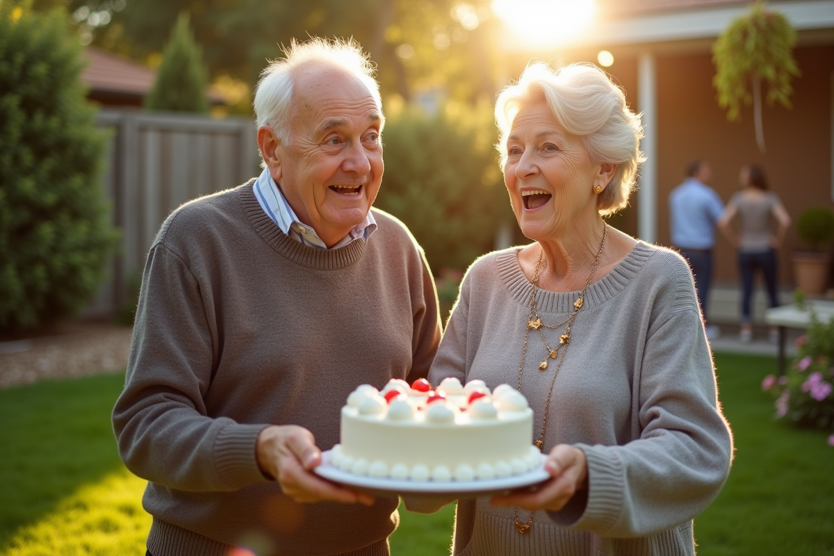 Parents surpris et souriants avec leurs enfants et gâteau