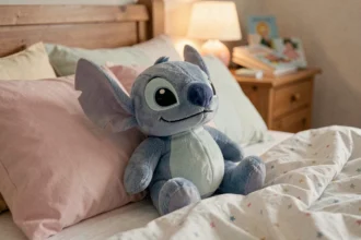 Peluche Stitch qui respire posée sur un lit d'enfant douillet avec oreillers pastel et couverture étoilée