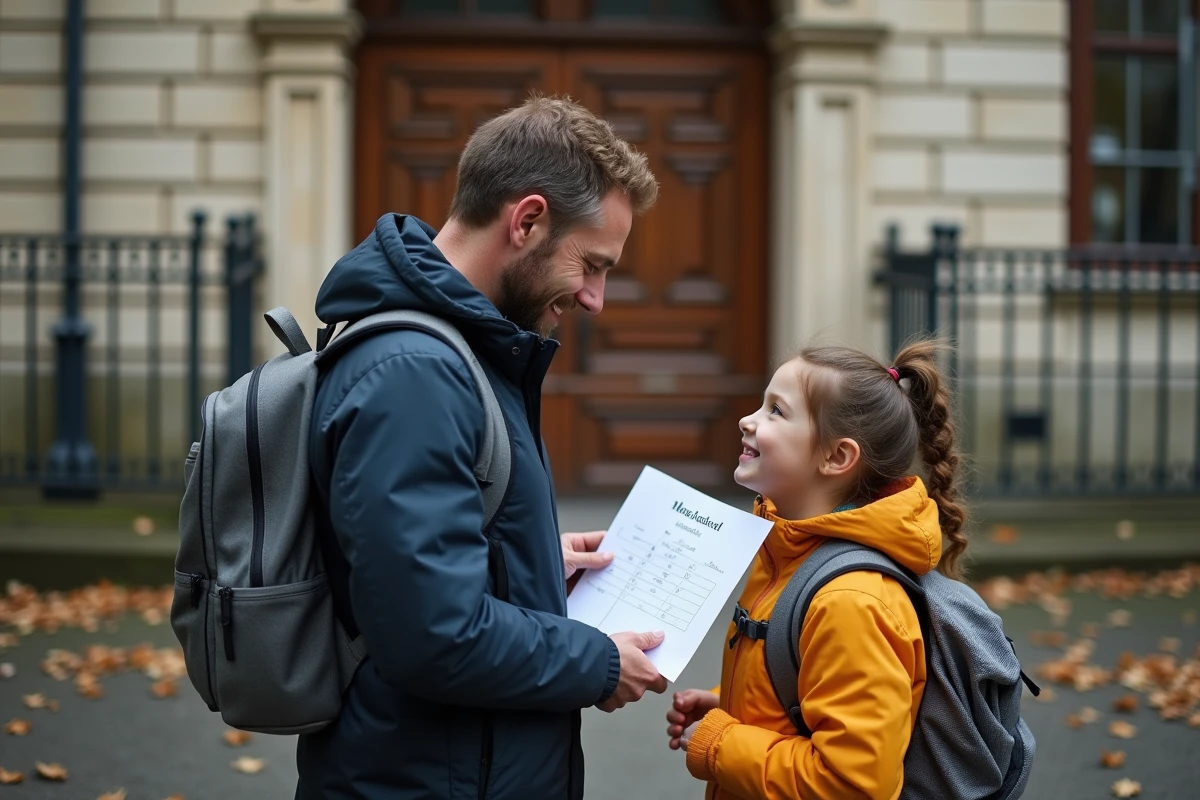 Père et enfant devant une école consultant le calendrier des zones scolaires en automne