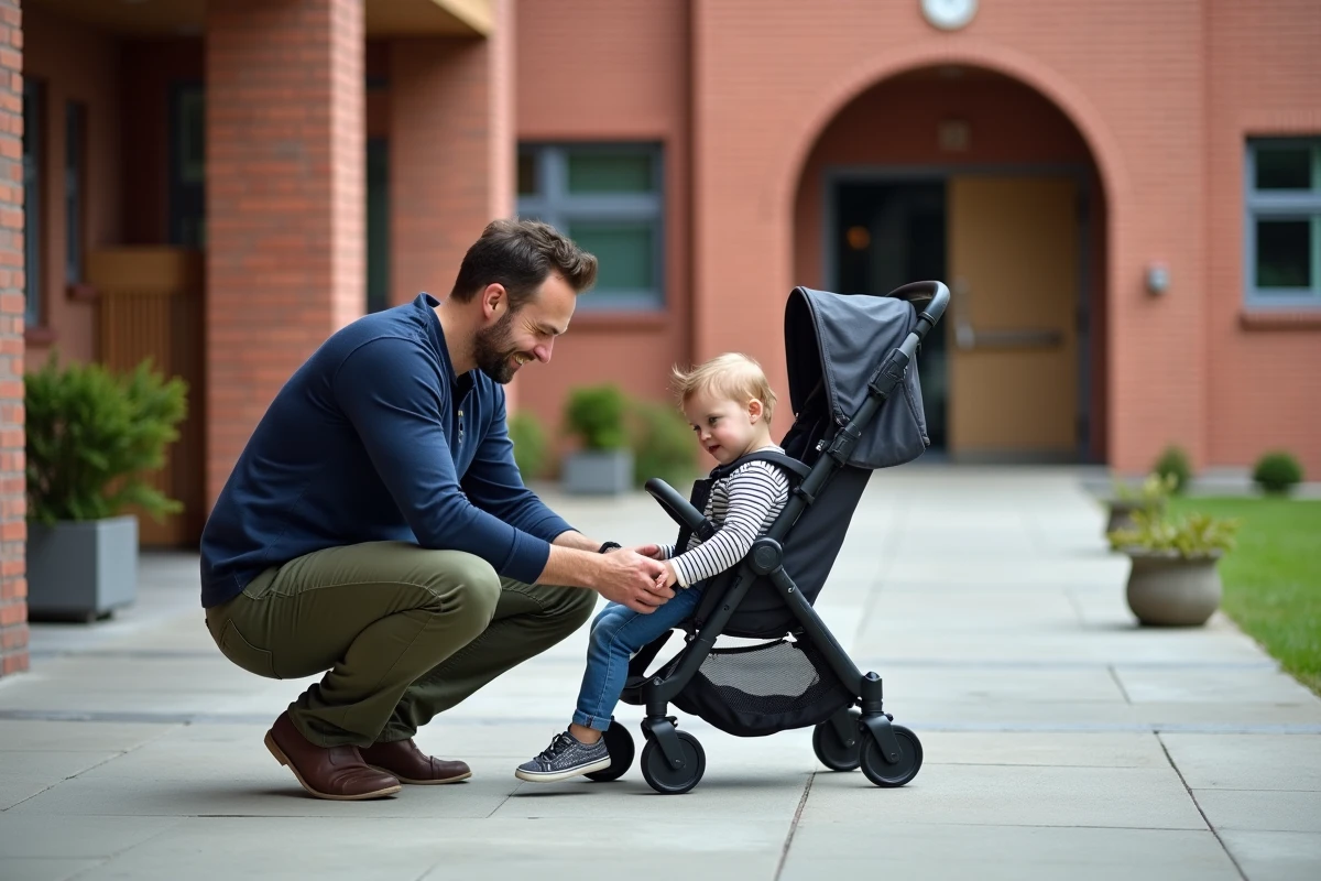 Père ajustant le harnais de sa poussette 4 en 1 évolutive devant l'entrée d'une école maternelle