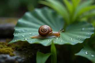 Petit escargot avec coquille spiralée posé sur une feuille verte humide dans un jardin verdoyant