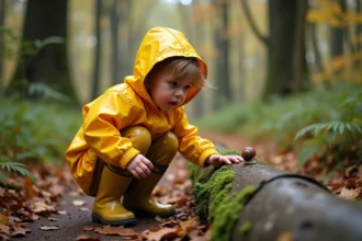 Petite fille de 4 ans en ciré jaune observant un escargot dans une forêt en Île-de-France