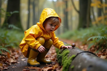 Petite fille de 4 ans en ciré jaune observant un escargot dans une forêt en Île-de-France
